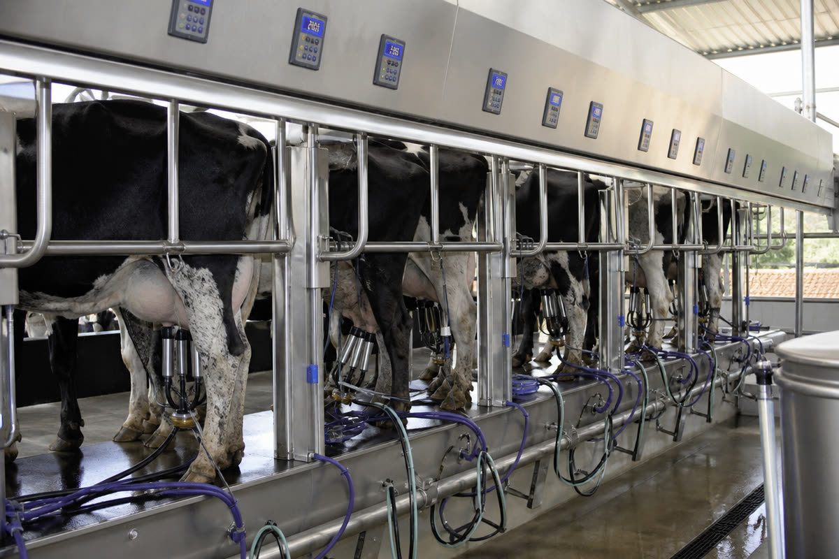 Sala de ordenha moderna com vacas girolando