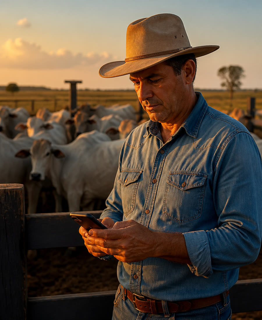 Produtor conferindo dados no celular junto ao curral